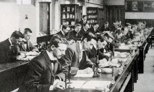 Old black and white photograph of men working at desks in an office environment.