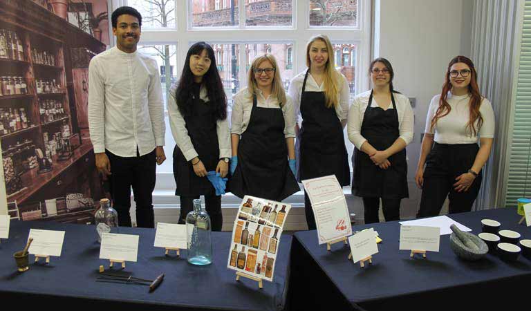 Students with pharmacy exhibitions.