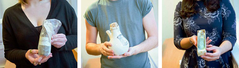 Students display their objects: a chloroform dropper bottle, inhaler catheter and poison bottle.